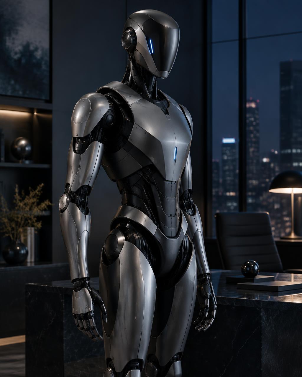 Original Optimus humanoid assistant concept in brushed silver standing in a dark contemporary office at night