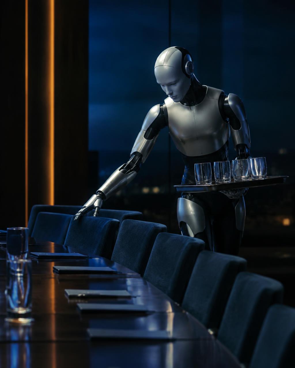 Humanoid robot concept arranging chairs and carrying a tray of glasses in a dark meeting room