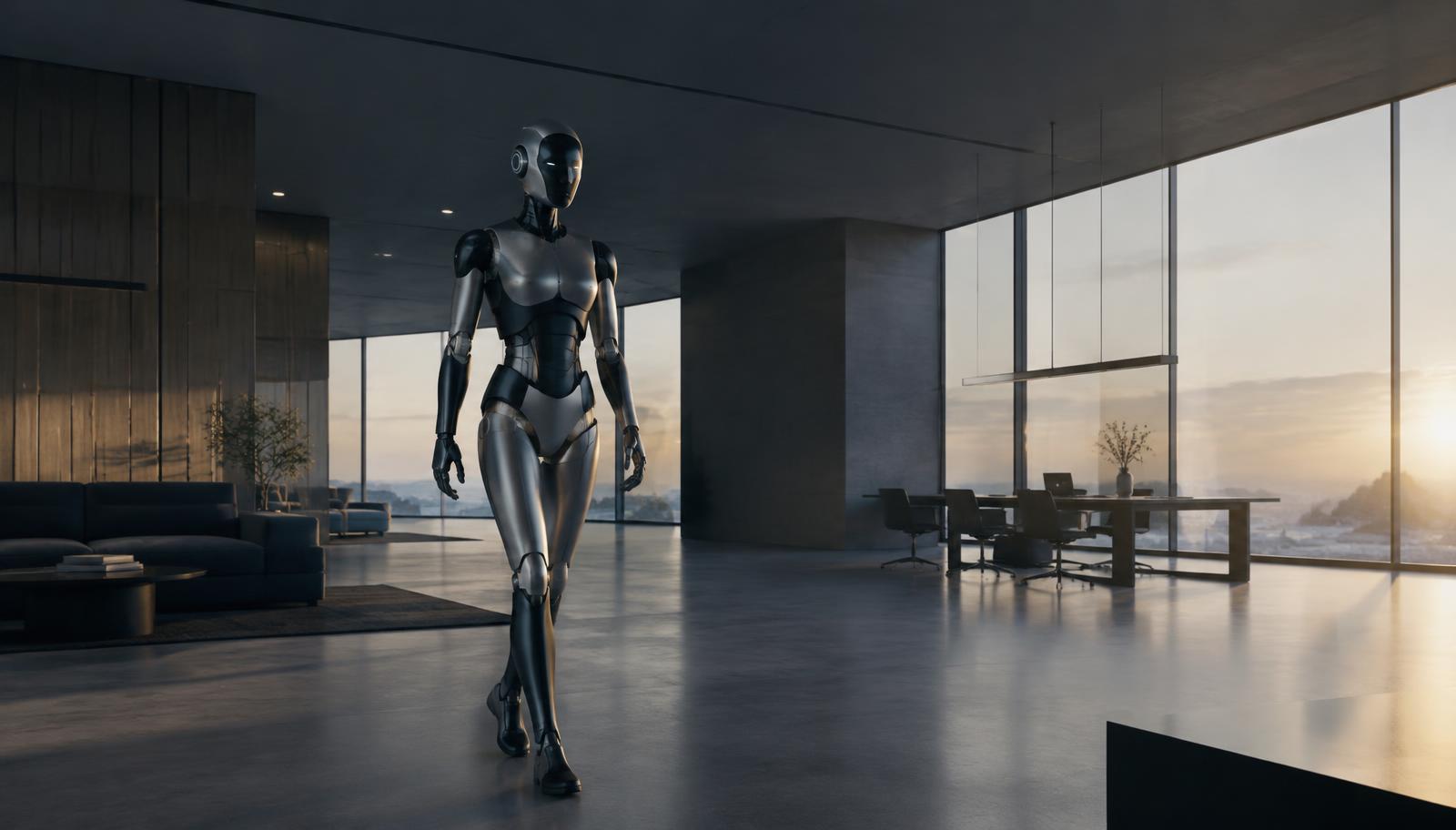 Humanoid robot concept walking through a minimalist open office at dawn